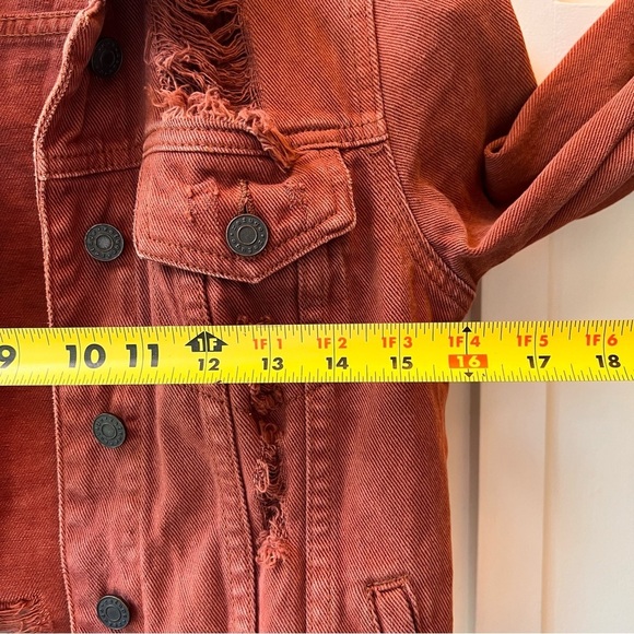 Refuge Button Up Denim Jacket Women's Long Sleeve Size XS Red Orange Brown Crop - Picture 6 of 7